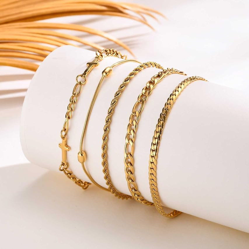Cross Bracelets Gold Jewelry Gifts - 14k Gold Plated Layered Bracelet Snake Cuban Chain,Stackable... | Amazon (US)