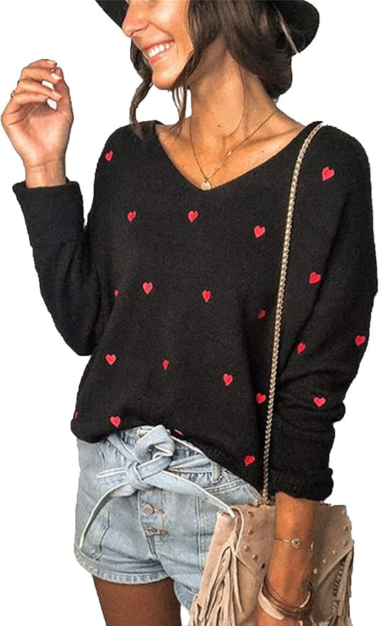 ECOWISH Women V Neck Heart Print Embroidery Knit Sweater Loose Casual Long Sleeve Ribbed Hem Cuff... | Amazon (US)