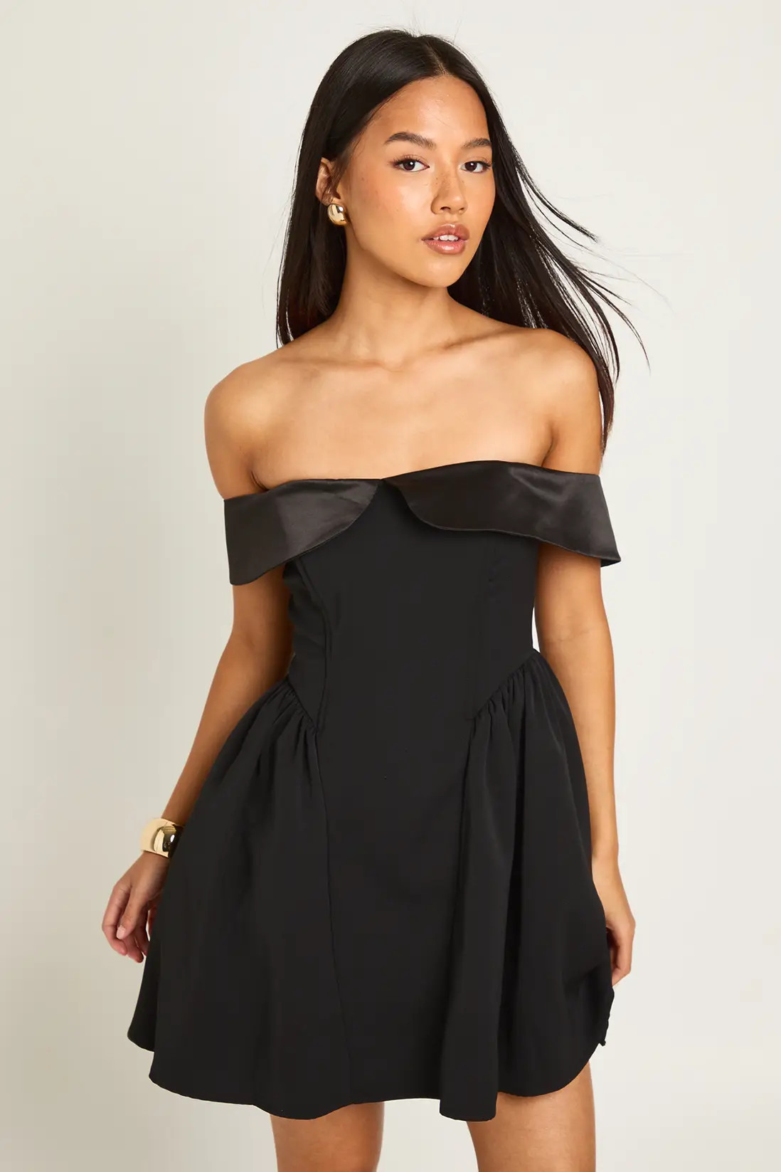Dresses | Petite Off The Shoulder Skater Mini Dress | boohoo | Debenhams UK