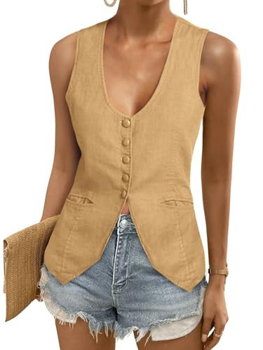 Tankaneo Womens Scoop Neck Blazer Vest Summer Linen Sleeveless Fitted Waistcoat Work Casual Cotto... | Amazon (US)