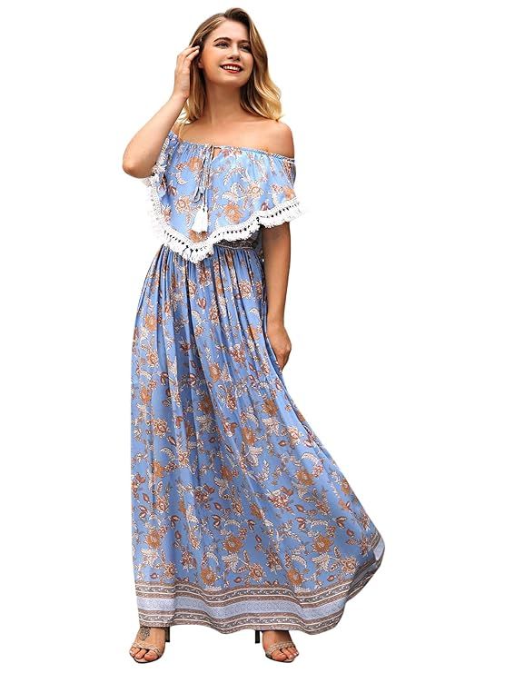 Milumia Women Off Shoulder Floral Print Tassel Trim Flounce High Waist Summer Beach Maxi Dress | Amazon (US)