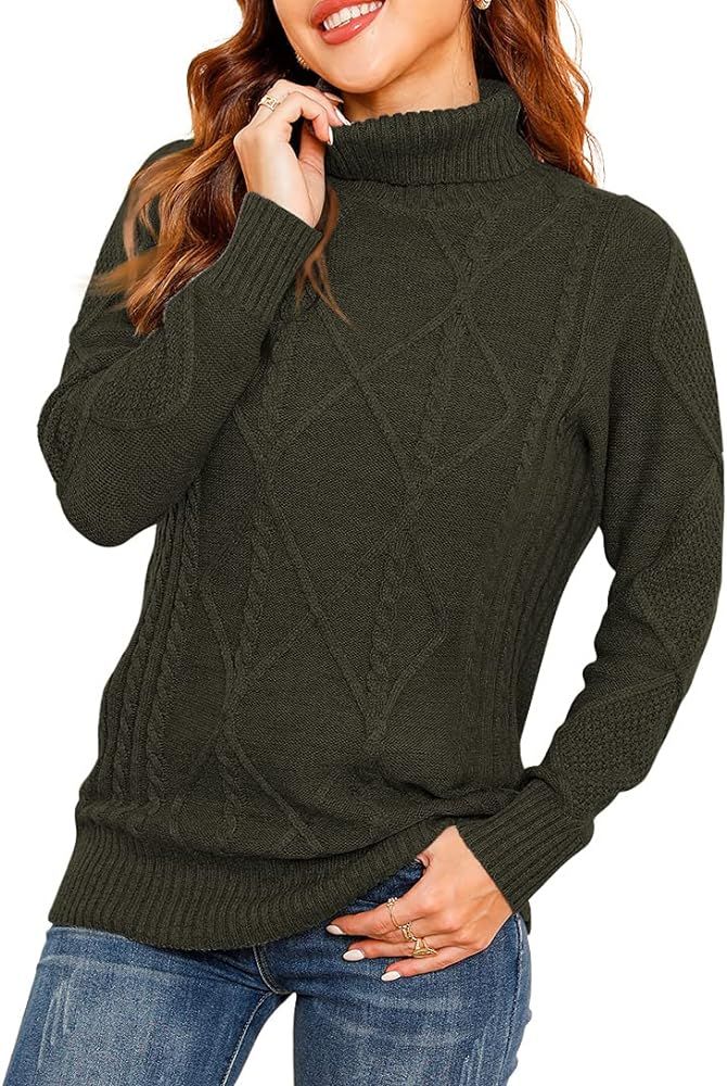 HWOKEFEIYU Women's Turtleneck Long Sleeve Cable Knit Pullover Sweater | Amazon (US)
