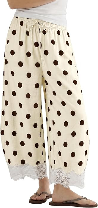 Athlisan Womens Polka Dot Wide Leg Palazzo Pants High Waisted Summer Lace Trim Cropped Baggy Trou... | Amazon (US)