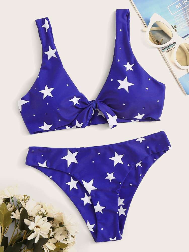 Star Print Tie Front Bikini Set | SHEIN