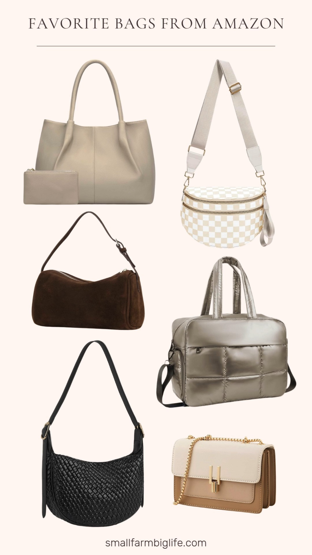 Favorite bags from Amazon that blend style and function 🤍
From woven crossbodies and suede leather purses to quilted puffer totes and color block designs, these neutral bags are easy to wear every day. Practical, versatile, and perfect for dressing up or down ✨ 

 #LTKootd #LTKOver40