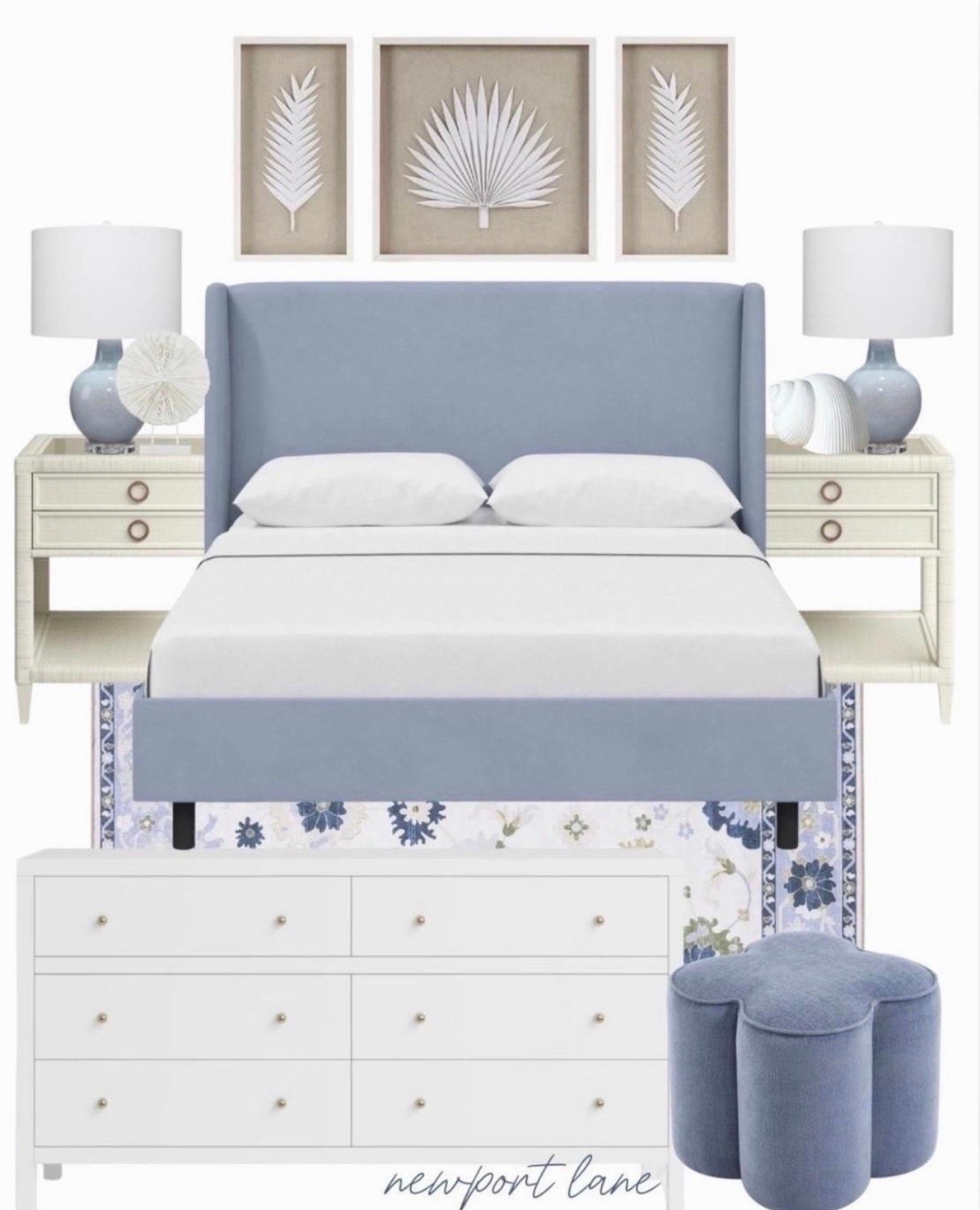 If a coastal bedroom could be a vibe, it would be this one 🤍 Blue upholstered bed, white rattan nightstands, crisp white dresser, blue lamps, and all the little coastal accents that pull it all together. The best part? It’s all shoppable and linked below! @Wayfair 

#LTKHome #LTKSaleAlert #LTKU