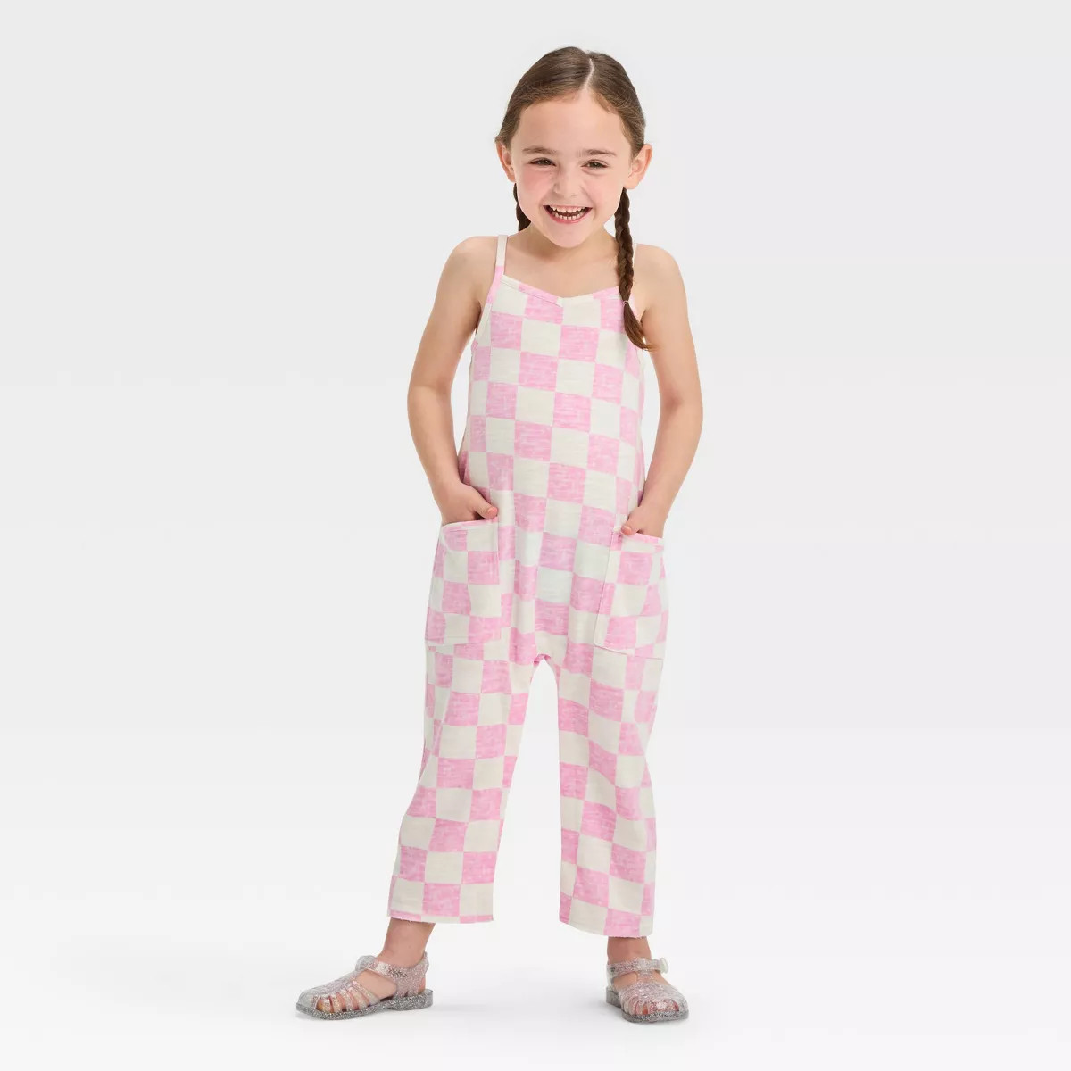 Grayson Mini Toddler Girls' French Terry Checkerboard Printed Jumpsuit - Pink | Target