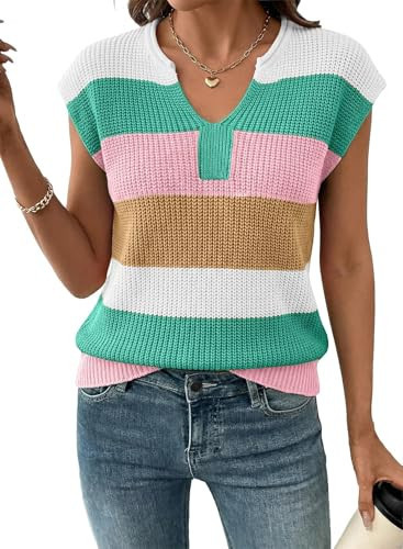 SHEWIN Summer Tops for Women V Neck Short Sleeve Sweater for Women Lightweight Womens Summer Tops Teacher Outfits Pullover Sweaters Pink Stripe X-Large | Amazon (US)