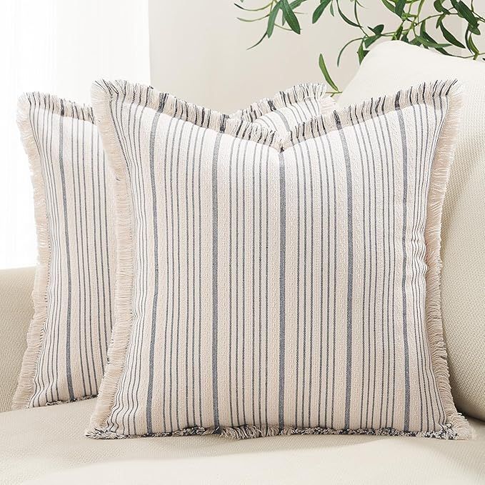 Topfinel Decorative Throw Pillow Covers 18x18 Set of 2, Grey and Beige Linen Striped Pillow Cover... | Amazon (US)