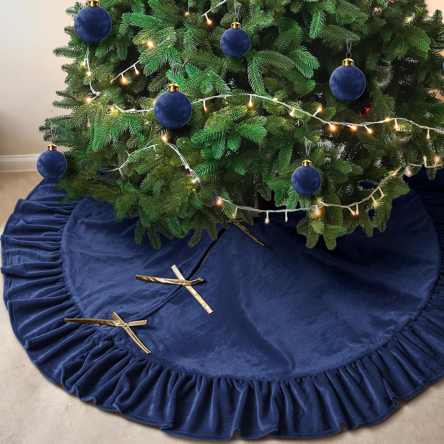 72 Inches Velvet Christmas Tree Skirt Navy Blue with Gold Bow Fur Plush Tree Skirt Luxury Xmas Skirts for Merry Christmas Party Vintage Holiday Decorations | Amazon (US)