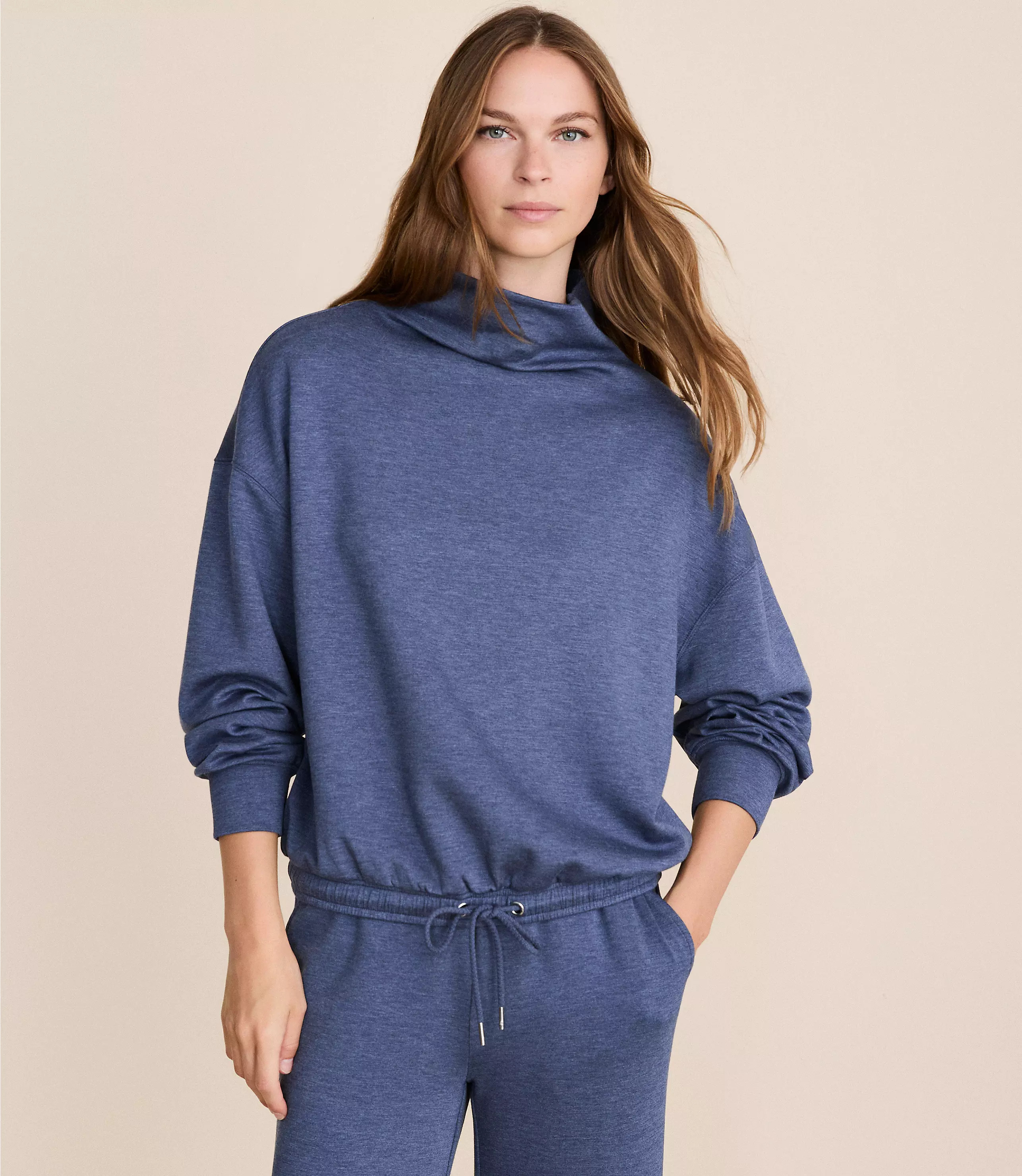 Lou & Grey Heathered Scubasoft Mock Neck Drawstring Hem Top | LOFT