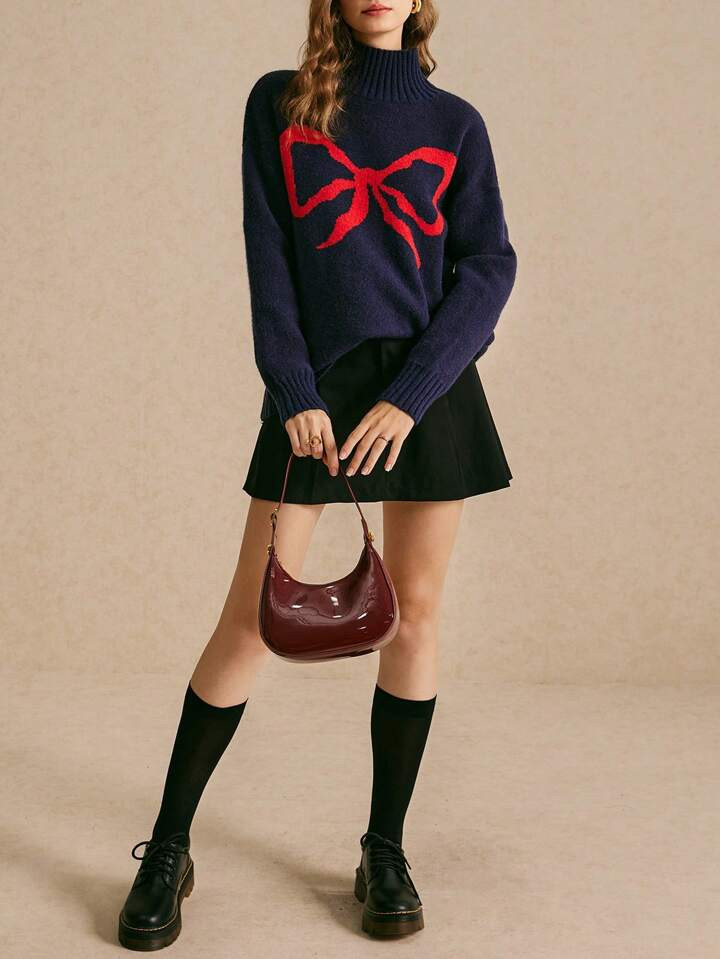 Poéselle Must-Have Fall Winter Cozy Chic Women's Navy Blue Turtleneck Sweater With Elegant Red B... | SHEIN