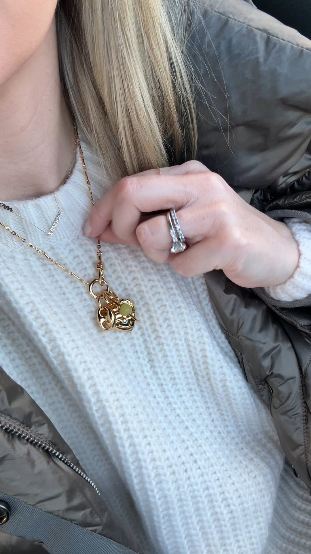 Charm necklace ✨ you can pick out your charms, but linked the ones I have 
**sweater is old French Connection 
**XS Varley jacket 
**name necklace is ring concierge (don’t think they offer it anymore) but linked similar option I own 
