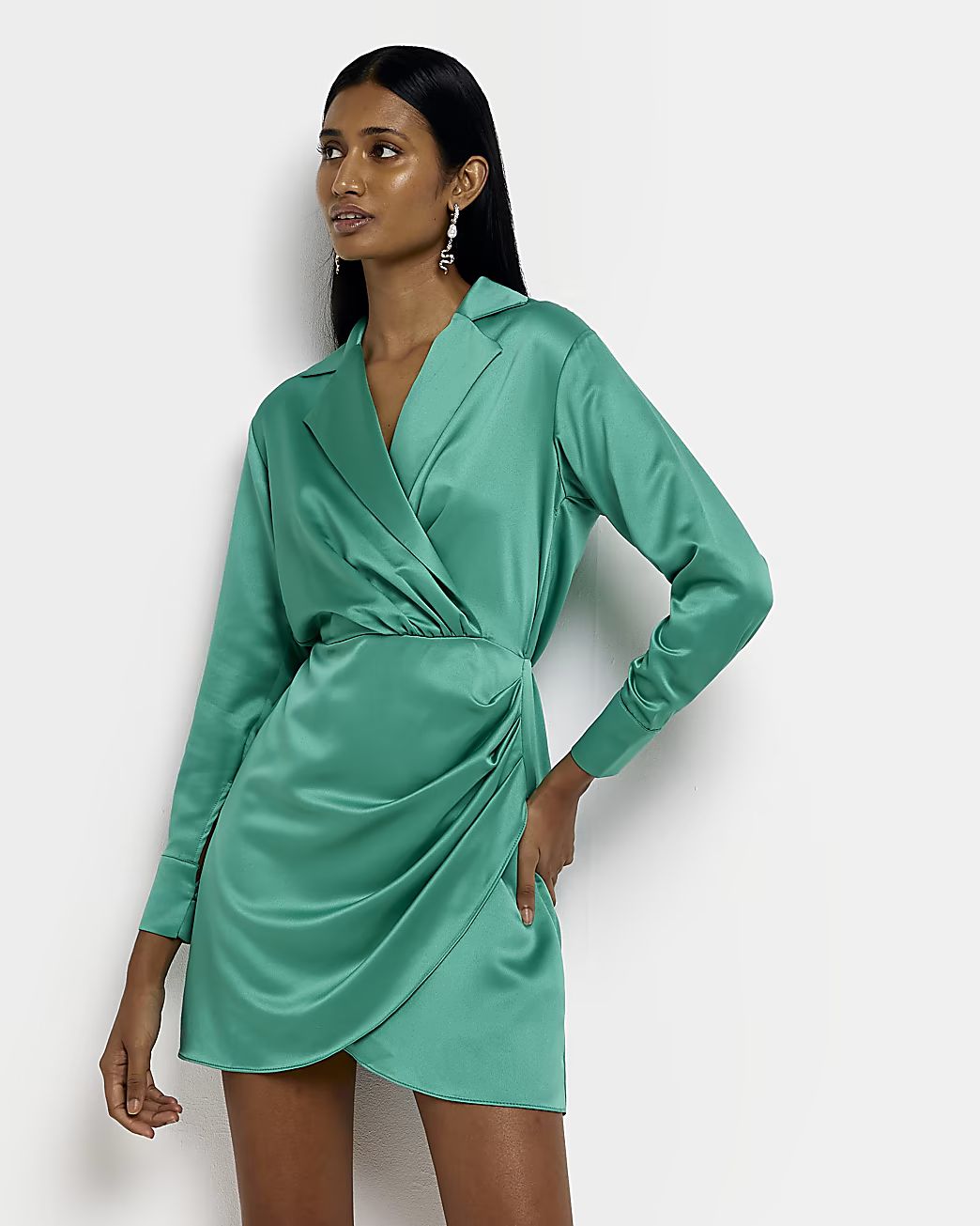 River Island Womens Green satin long sleeve wrap blazer dress | River Island (US)