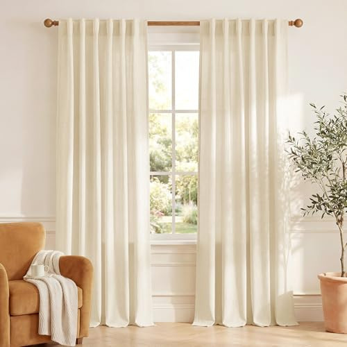 NICETOWN Linen Semi Sheer Beige Curtains 108 inches Long, Rod Pocket & Back Tab Thick Flax Linen Weave Drapes Privacy Added with Light Filtering for Bedroom/Farmhouse, W55 x L108, 2 Panels | Amazon (US)