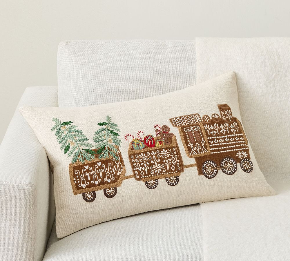 Gingerbread Train Embroidered Lumbar Pillow | Pottery Barn (US)