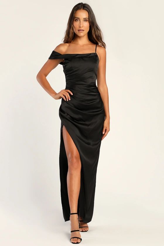 Lush Love Black Satin Asymmetrical Off-the-Shoulder Dress | Lulus (US)