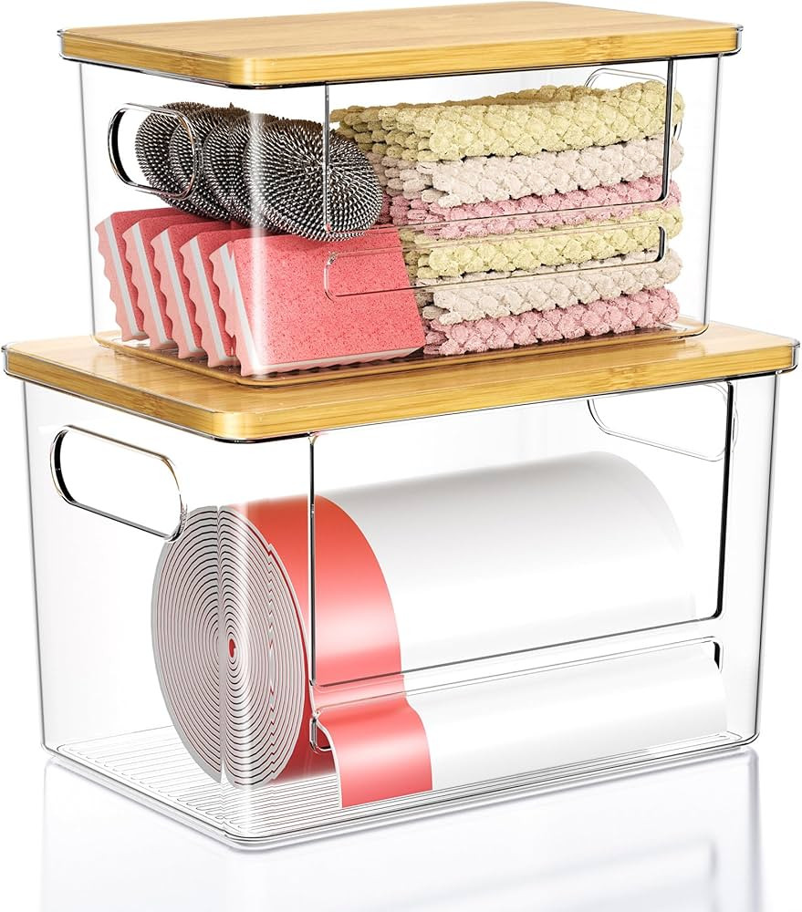 Trash Bag Dispenser 2-Pack, Stackable Trash Bag Holder with Bamboo Lid – Clear Plastic Garbage ... | Amazon (US)