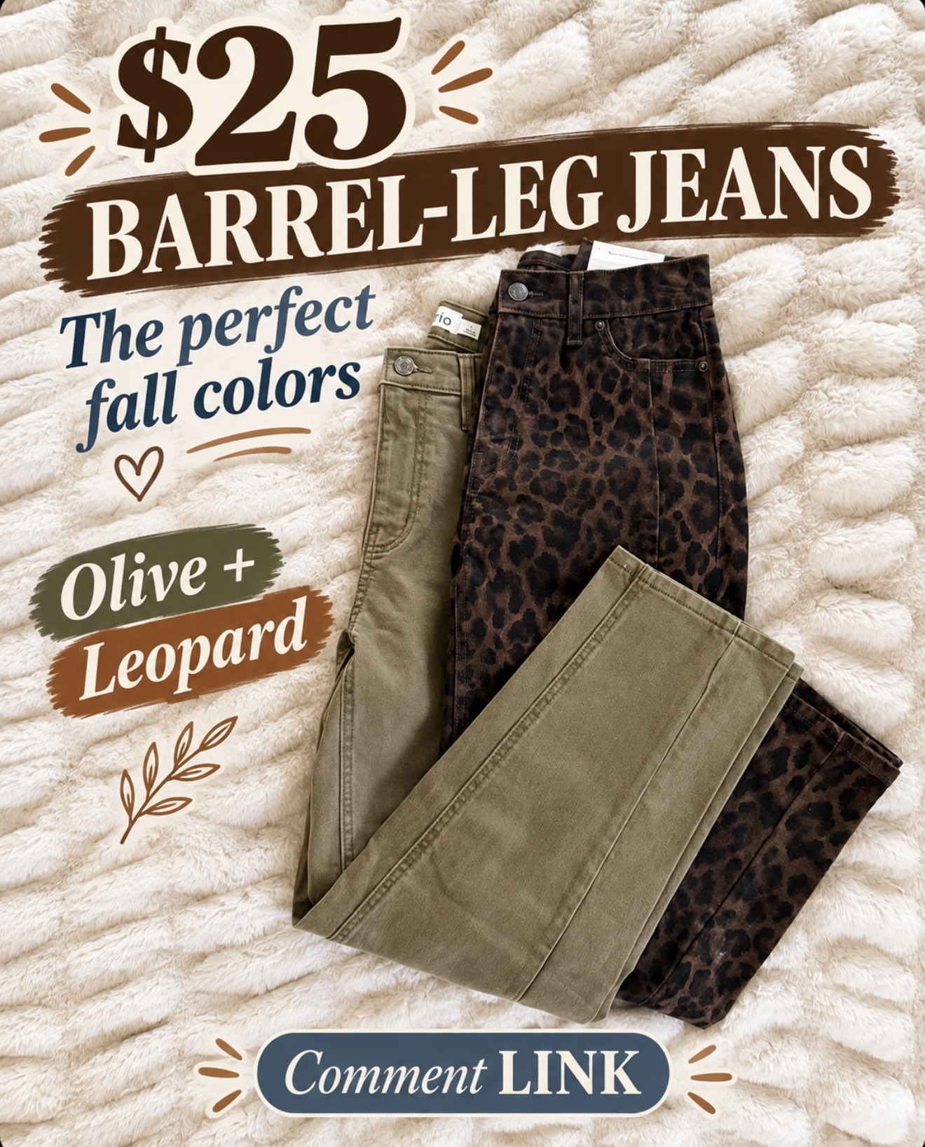 Only $25, and they come in the prettiest fall colors—including olive and leopard! These barrel-leg jeans are such a fun find. 
💬Comment LINK and I’ll send them your way.

#LTKSeasonal #LTKmomlife #LTKootd