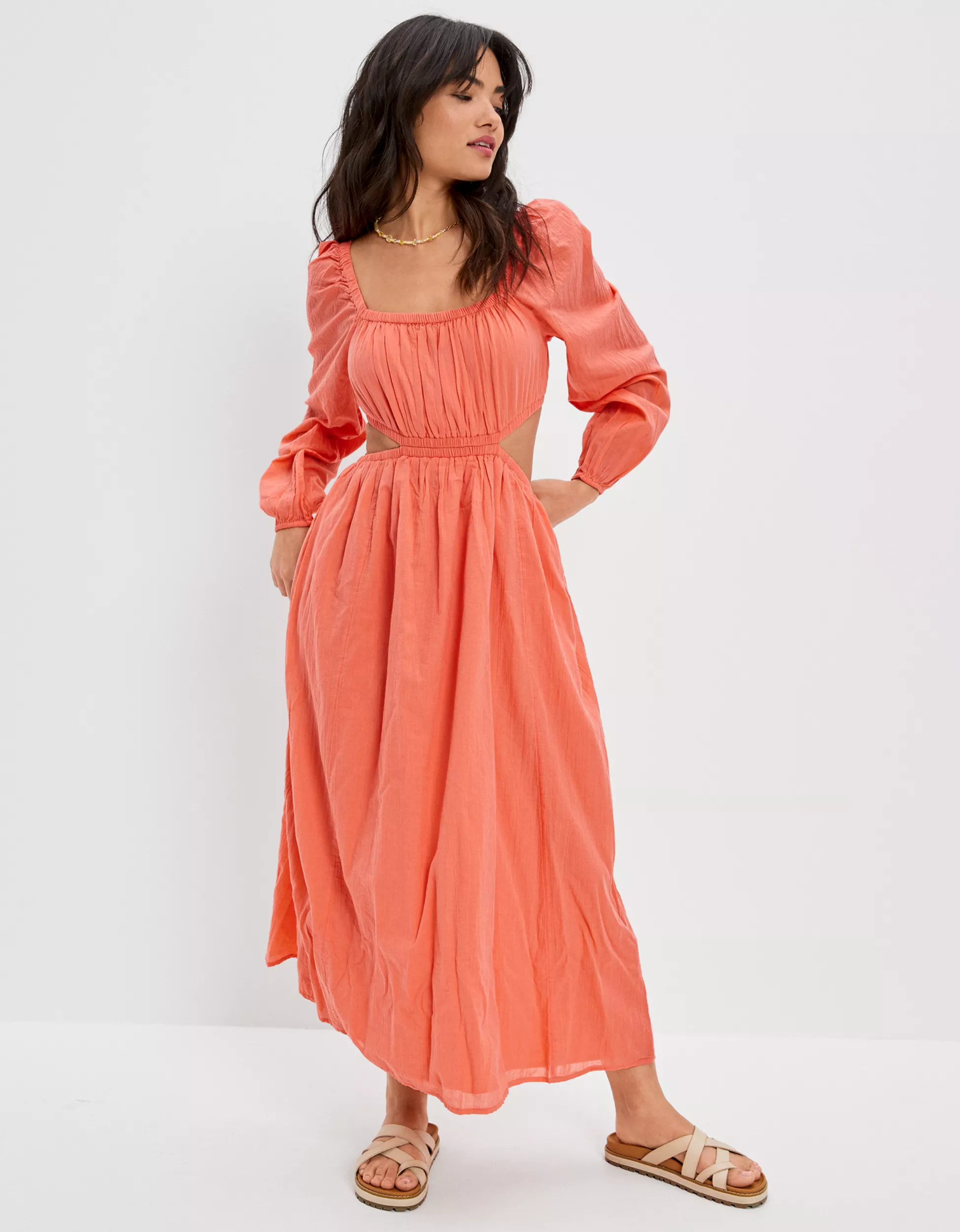 AE Long-Sleeve Cut-Out Midi Dress | American Eagle Outfitters (US & CA)