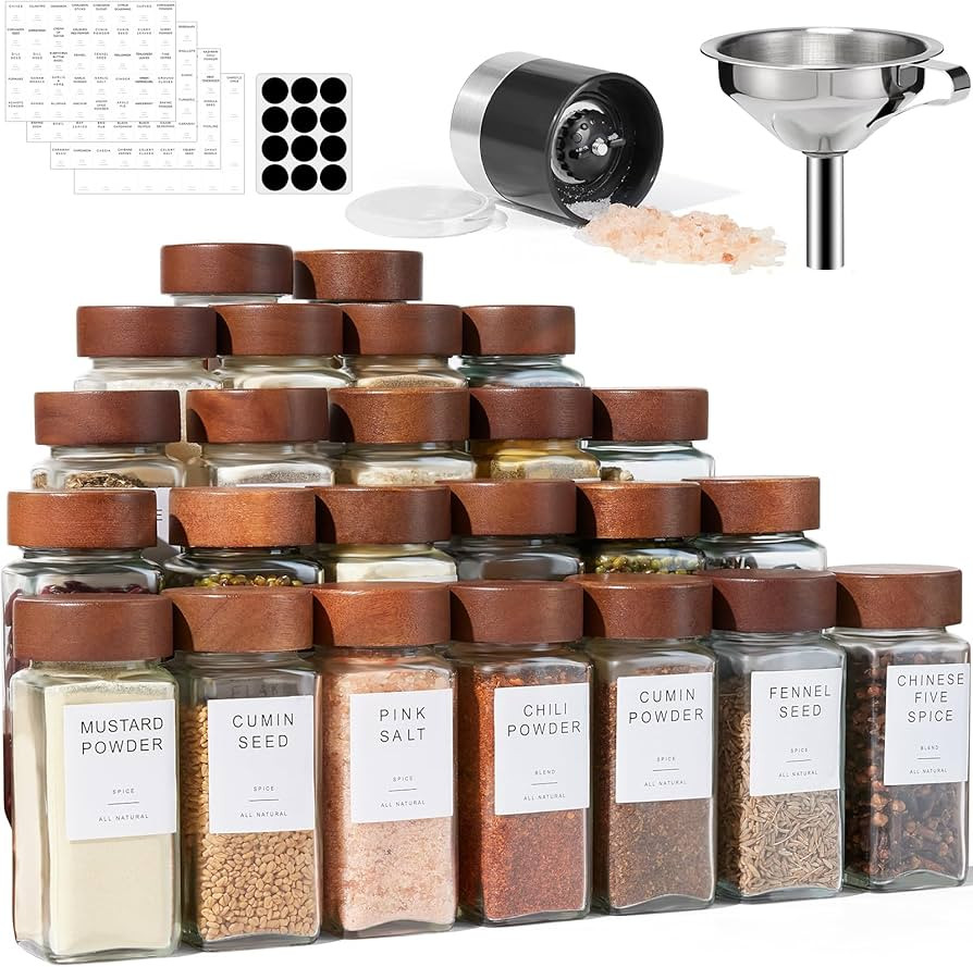 Yangbaga 24PCS Glass Spice Jars set-Glass Jars With Wooden Lids with Shaker Lids- Spices & Season... | Amazon (UK)