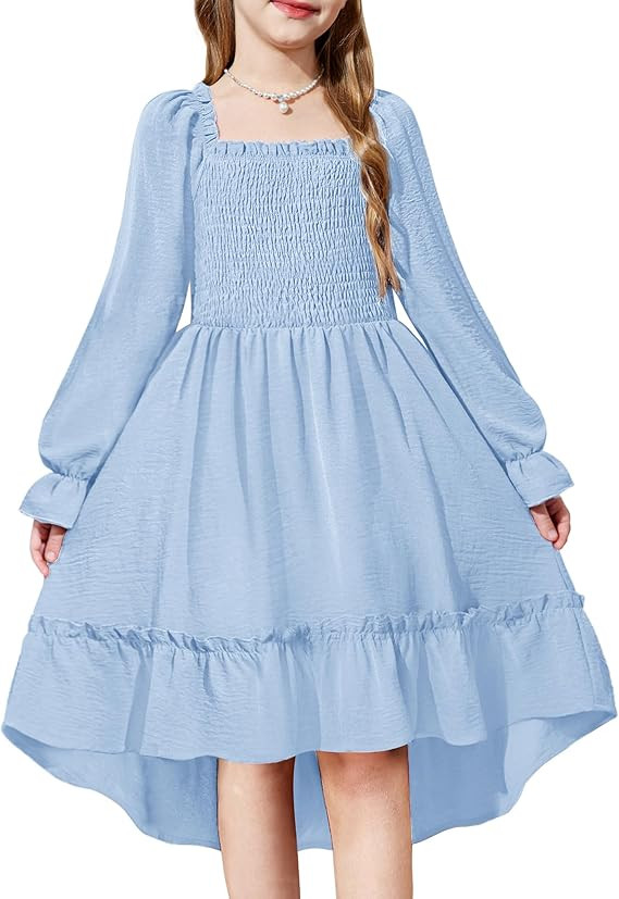 Arshiner Girls Dresses Puff Long Sleeve Fall Winter Smocked High Low Swing Midi Dress with Pocket... | Amazon (US)