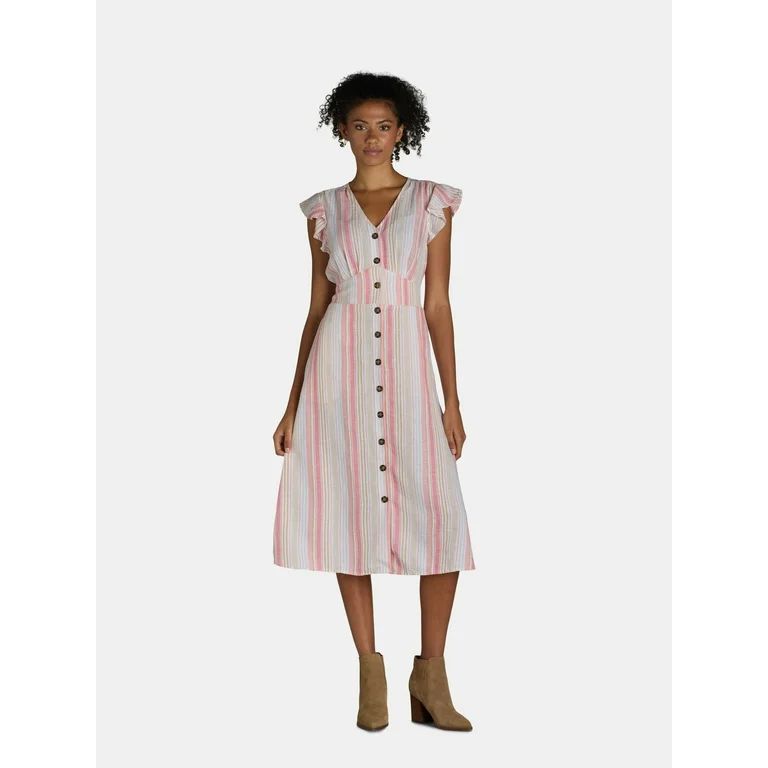 Time and Tru Women's and Women's Plus Midi Dress with Flutter Sleeves, Sizes XS-4X - Walmart.com | Walmart (US)