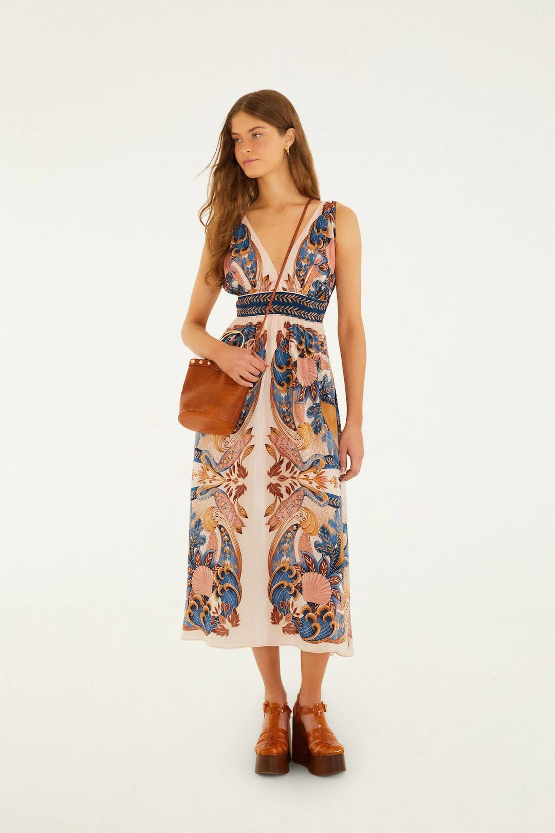 Soft Pink Garden Scarf V Neck Midi Dress | FARM Rio | FarmRio (US)