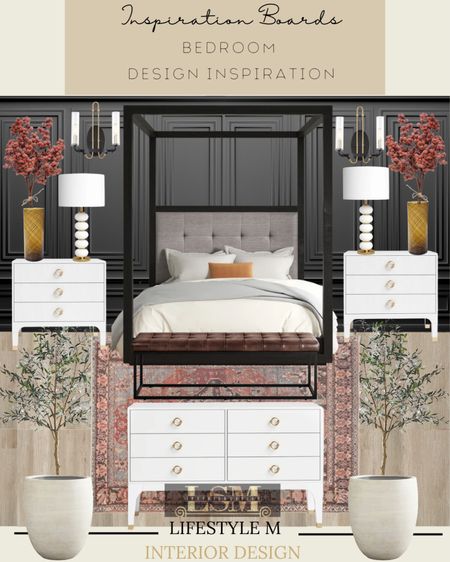 Moody bed room design inspiration. Recreate the look at home. Black canopy bed, white dresser, white night stand, white tree planter, faux fake tree, table lamp, vase, faux fake plant, red bedroom rug, wall sconce light, leather bedroom bench.

#LTKFind #LTKhome #LTKstyletip