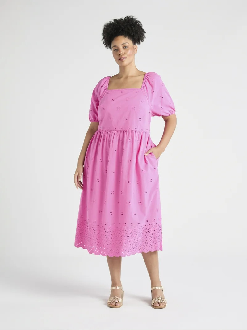 Time and Tru Women's and Women's Plus Eyelet Midi Dress, Sizes XS-4X | Walmart (US)
