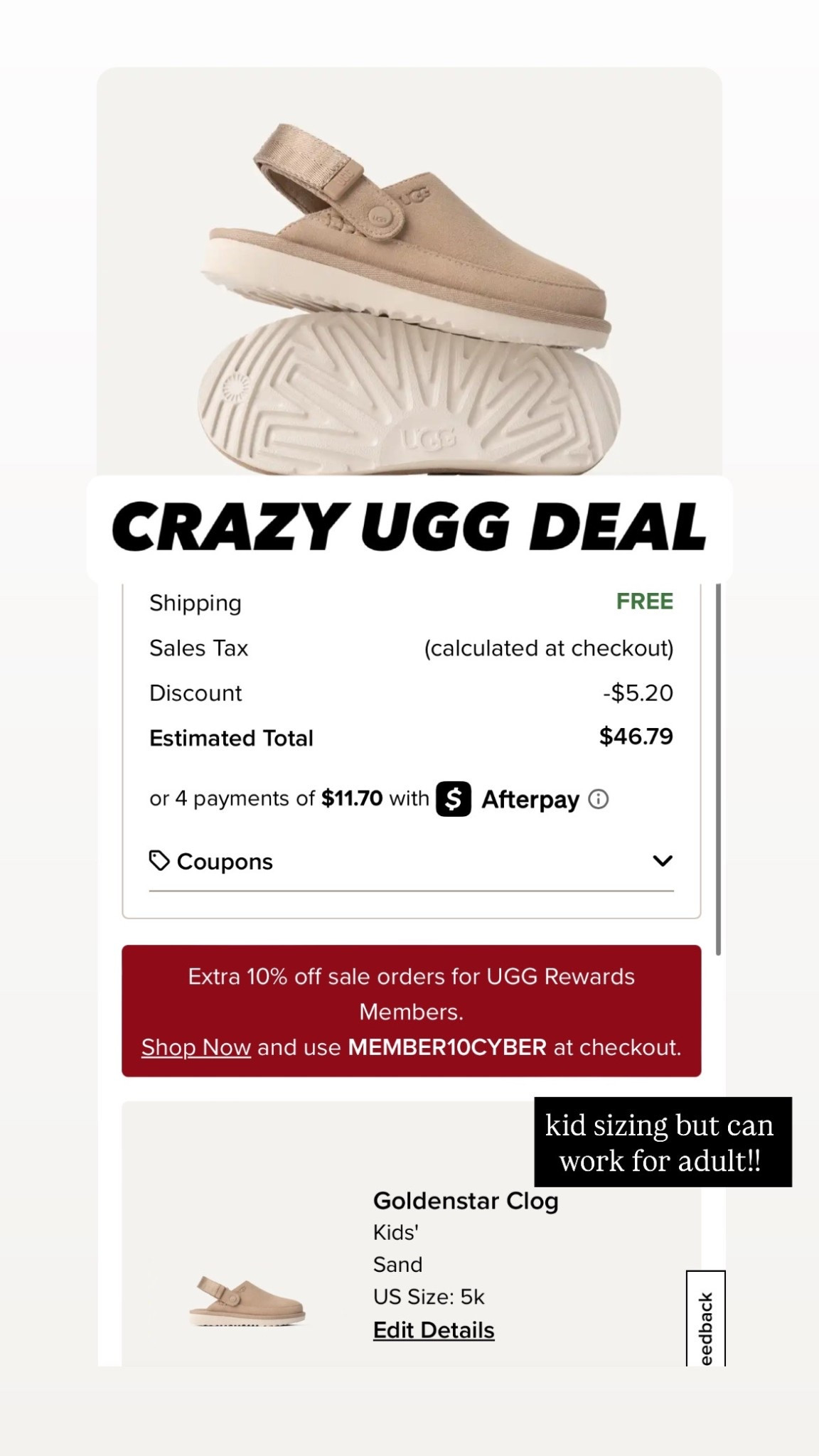UGG GOLDENSTAR CLOG for under $50!!!! Such a crazy deal- kid sizing but just size down 1.5-2 sizes from your adult size. 

Back Friday 
Boot sale 
Women’s 

#LTKGiftGuide #LTKKids #LTKCyberWeek