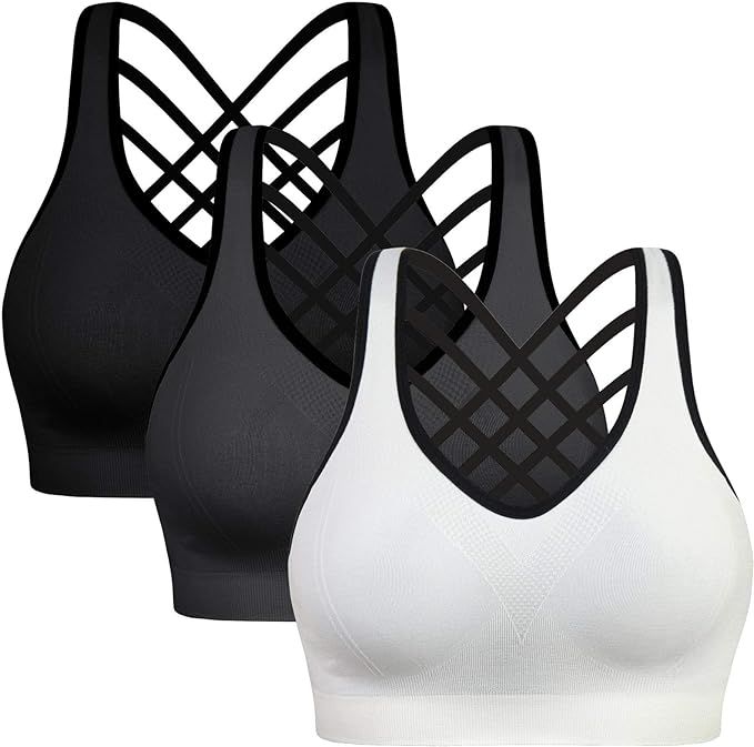 Padded Strappy Sports Bras for Women - Activewear Tops for Yoga Running Fitness Pack of 3 | Amazon (US)