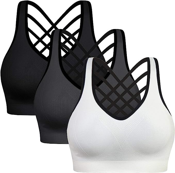Padded Strappy Sports Bras for Women - Activewear Tops for Yoga Running Fitness Pack of 3 | Amazon (US)