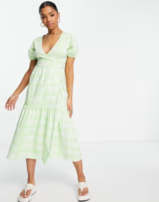 ASOS DESIGN tiered midi wrap dress with puff sleeves in green check | ASOS (Global)