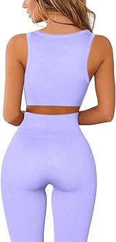 QINSEN Workout Outfits for Women 2 Piece Ribbed Seamless Crop Tank High Waist Yoga Leggings Sets | Amazon (US)