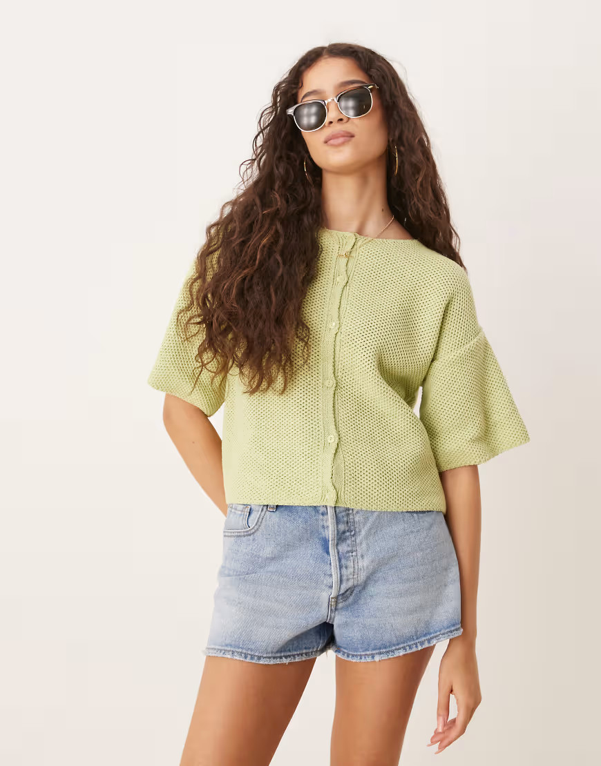 ASOS DESIGN knitted short sleeve cardigan in green | ASOS (Global)