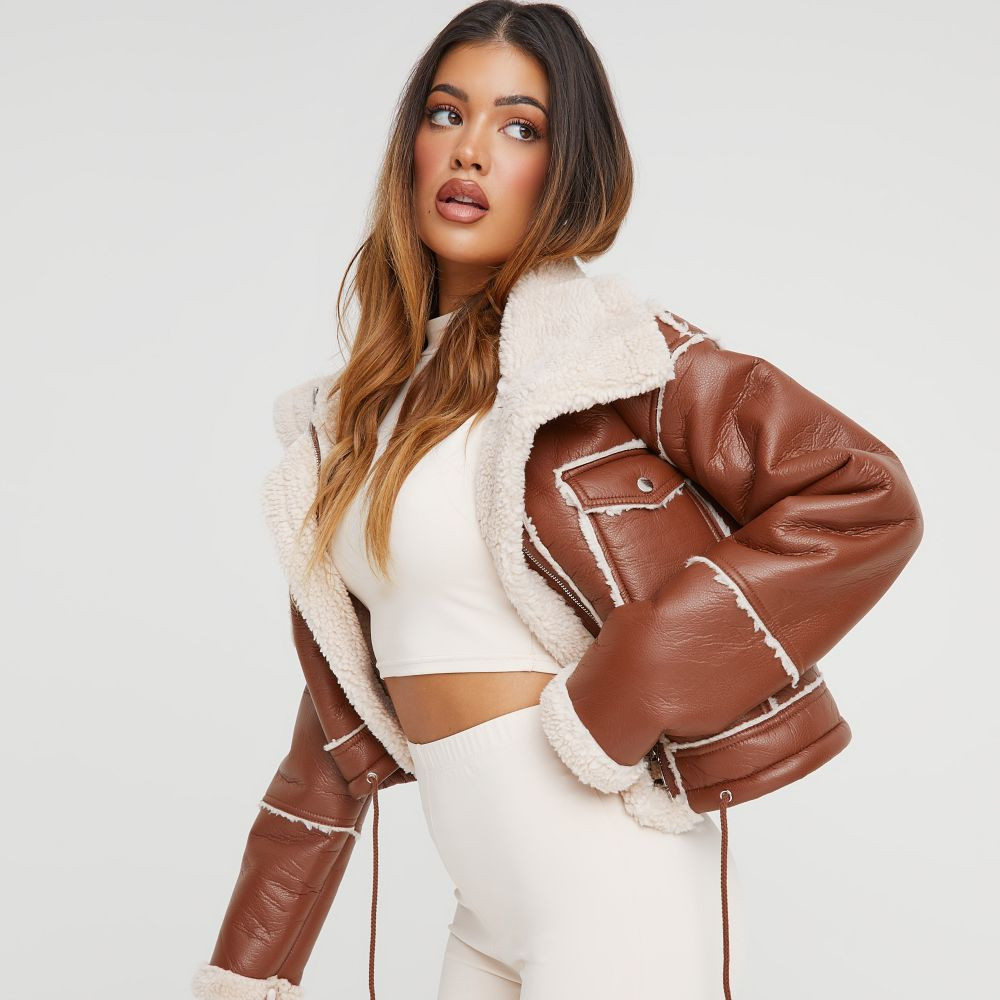 Drawstring Pocket Detail Faux Shearling Aviator Jacket In Camel Faux Leather | EGO (UK)