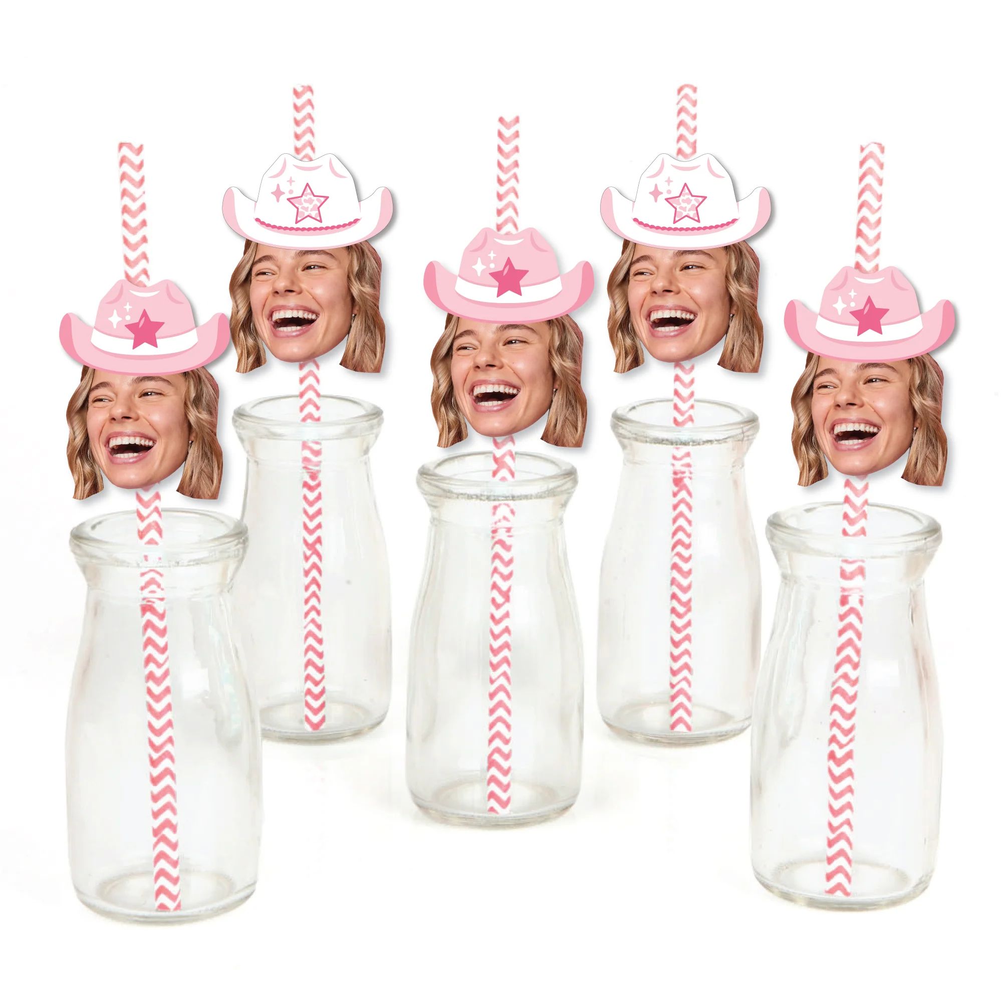 Custom Photo Last Rodeo - Pink Cowgirl Bachelorette Party Fun Face Paper Straw Decor - Set of 24 | Big Dot of Happiness