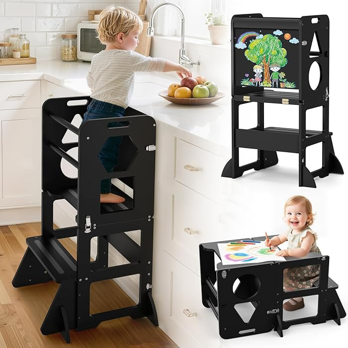 4 in-1 Toddler Kitchen Step Stool, Foldable Learning Standing Tower with Blackboard, Wooden Kitch... | Amazon (US)
