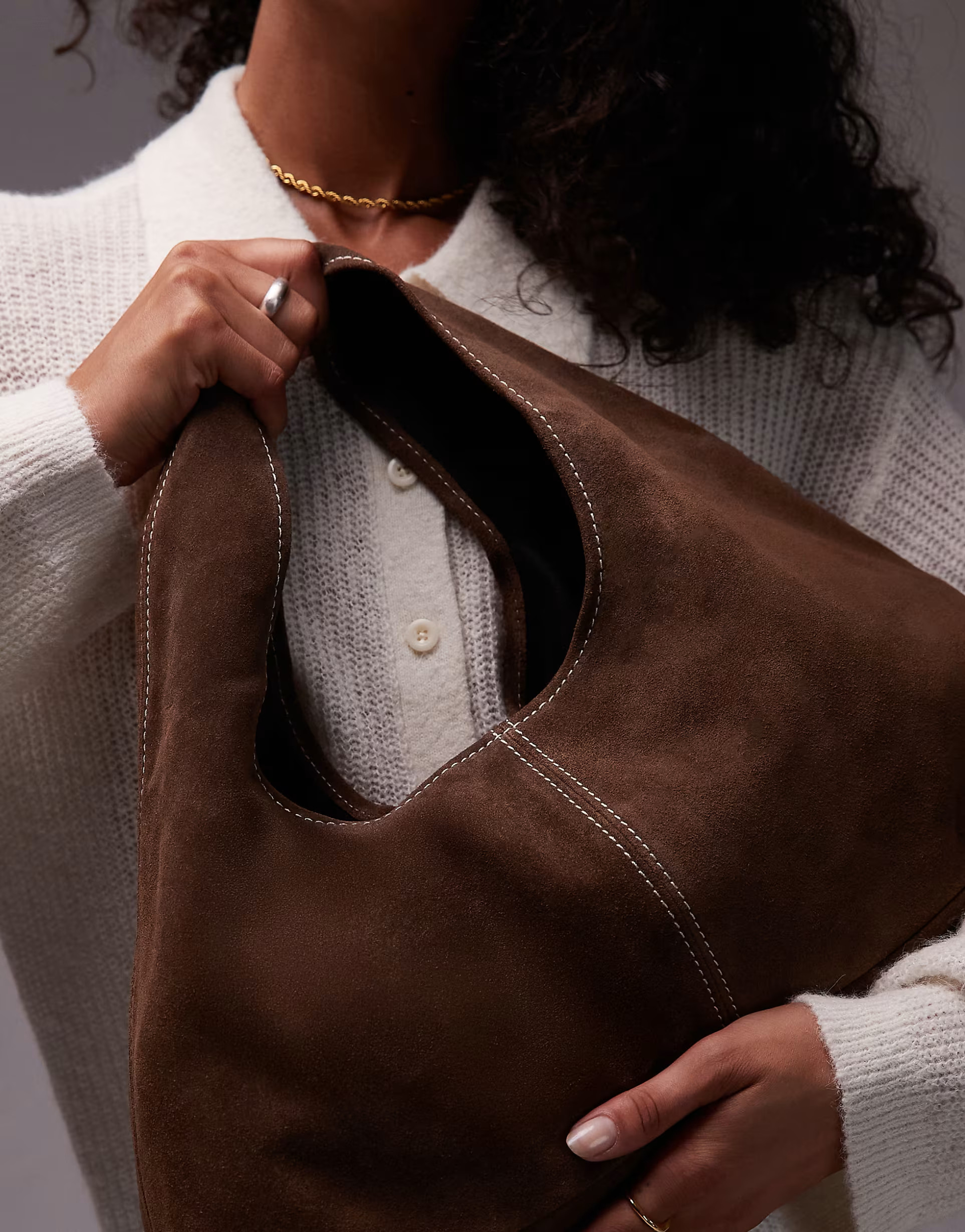 ASOS DESIGN suede mid size trapeze slouch shoulder bag in mocha  brown | ASOS (Global)