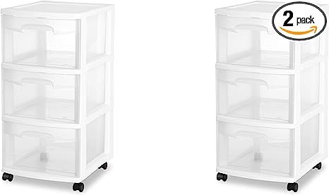 Sterilite 28308002 3 Drawer Cart, White Frame with Clear Drawers and Black Casters, 2-Pack | Amazon (US)