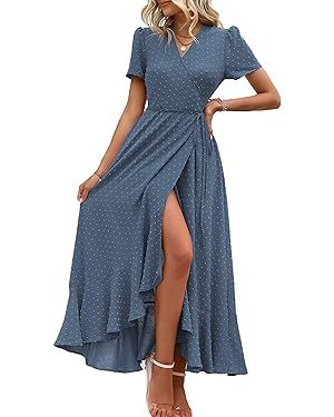 PRETTYGARDEN Women's Summer Wrap Maxi Dress Casual Boho Floral V Neck Short Sleeve Ruffle Hem Spl... | Amazon (US)