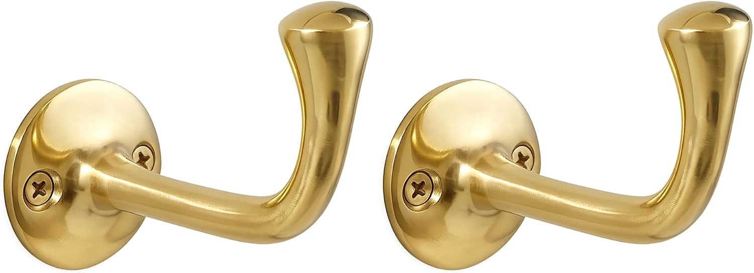 Unlacquered Solid Brass Wall Hooks Set of 2, Antique Brass Coat Hooks Wall Mount for Entryway, Bathroom & Kitchen, Gold Brass Towel Hook for Towels, Robes, Hats & Bags, Handcrafted Heavy Duty | Amazon (US)