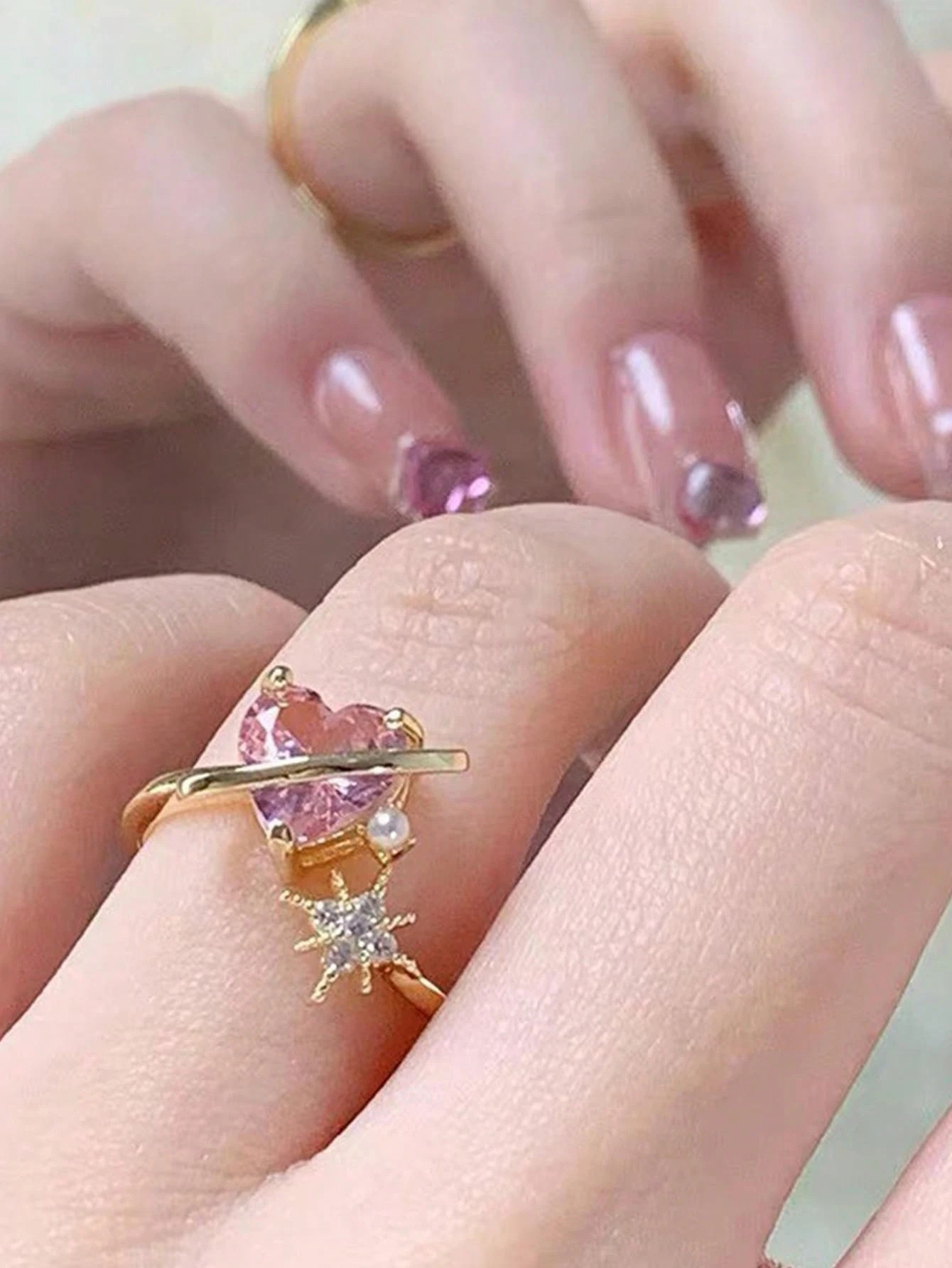 1pc Wedding Bridal Bridesmaid Ring, Adjustable, Pink Heart Star Faux Pearl & Gold Ring, Suitable For Wedding, Party, Couples, Friends, Daily Wear Vintage Valentine's Day | SHEIN