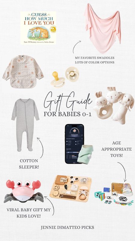 Gift guide for babies, 0-1, bib, book, rattles, swaddle blankets, crab toy, owlet sock, pacifier, love every, Montessori 

#LTKGiftGuide #LTKSeasonal #LTKHoliday