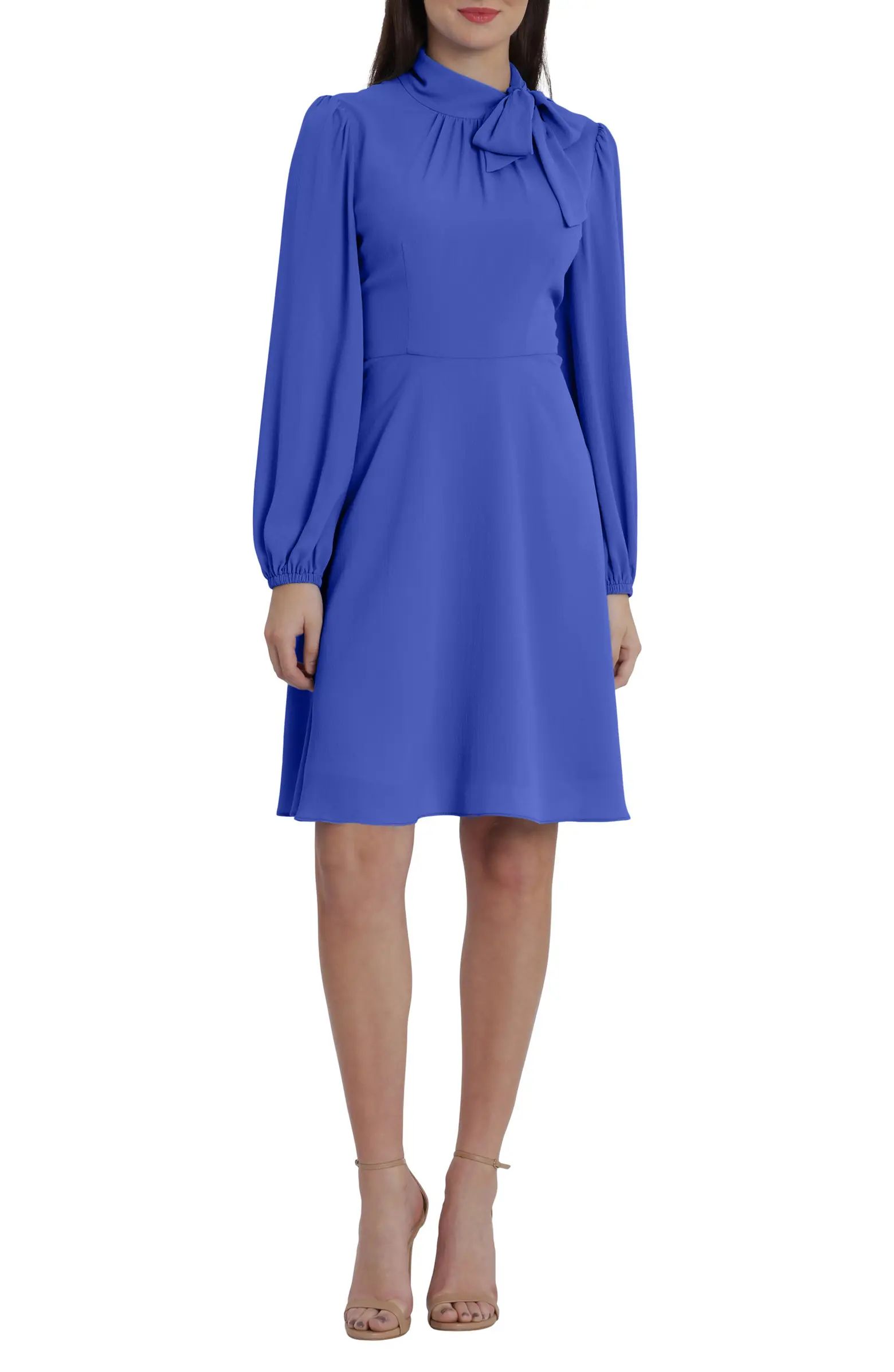 Maggy London Catalina Tie Neck Long Sleeve Fit & Flare Crepe Dress | Nordstrom | Nordstrom