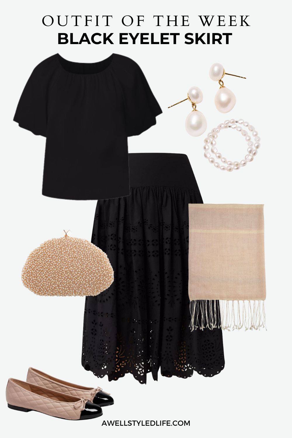 Black eyelet skirt goes uptown with cap-toe shoes, pearl jewelry, beaded clutch and cashmere wrap. 

 #LTKStyleTip #LTKShoeCrush #LTKItBag