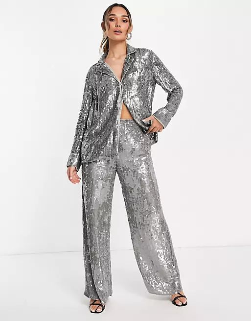 ASOS EDITION sequin pajama shirt and pants set in gray | ASOS | ASOS (Global)