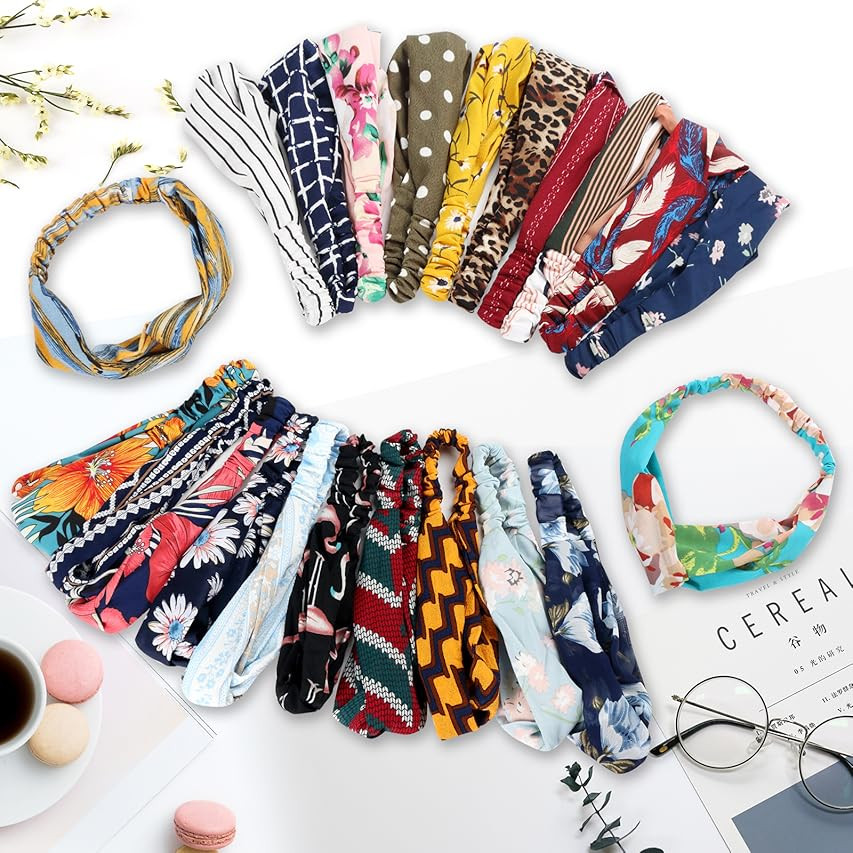 20 Pack Women Headbands with Twist Knot Boho Flower Print Criss Cross Head Wrap Elastic Hair Band -  | Amazon (US)