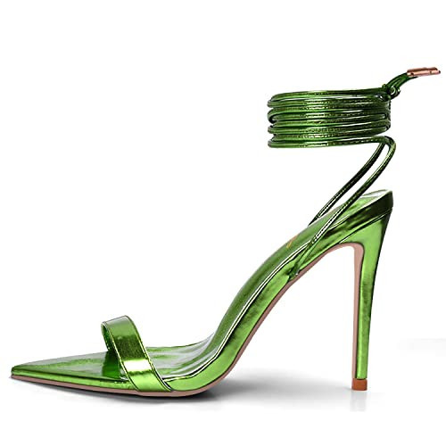 Elisabet Tang Women Lace up Heels Sandals Sexy 4.3 inch Strappy Stiletto Pointed Toe Heels Sandals Open Toe Heeled Metallic Sandals Party Wedding Shoes Green Size 9.5 | Amazon (US)